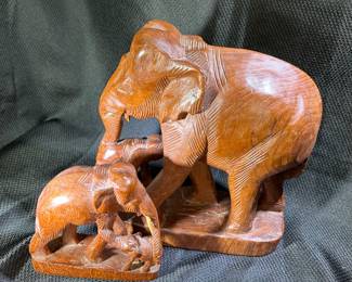 Vintage Carved Wood Elephant and Baby Figures 