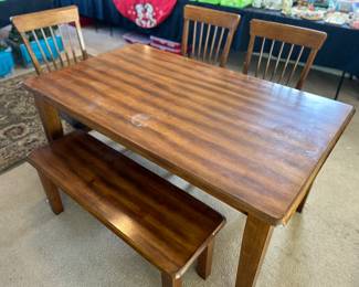Wooden Dining Table w/ Four Chairs And Bench