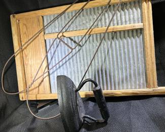 Antique Iron, Carpet Beater and Washboard