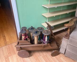 Hand Made Wood Cart and Wooden Spool/Bobbin Spindles with Yarn