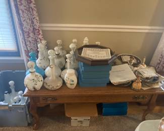 Milk Glass Embossed Floral Vanity Bottles with Stoppers