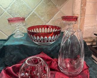Burgundy Waterford bowl and sculptured crystal vases