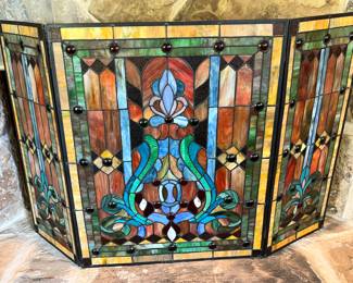 Stained glass fireplace insert.