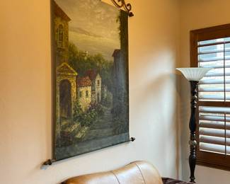 Italian fresco tapestry and leather chair.