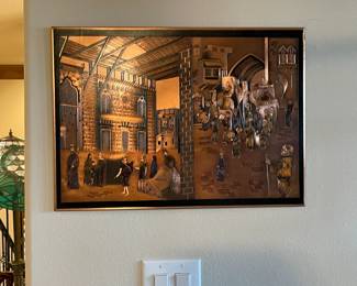 Medieval inspired art. Tiffany style lamp behind.