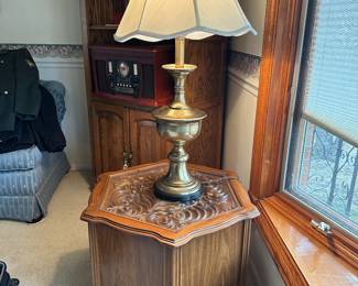 Hexagon wooden side table with carved top