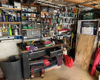 Craftsmen work bench, chemicals, tools, hardware, supplies.. freezer