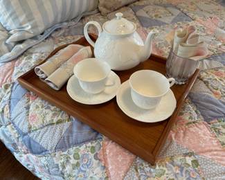 Wedgwood Tea Set and Vintage Mid-Century Teak Serving Tray by Goodwood.