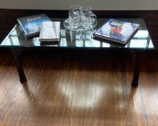 Vintage Glass and Wood Cocktail Table.