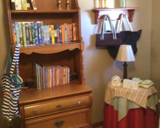 Lexington 3 drawer chest w/ hutch $250.; side table w/ cloth $25.