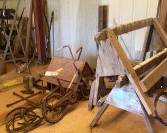 pair of wood saw horses, vintage bike, dollhouse $40., 2 lug wrenches