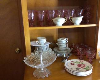 Fostoria Jamestown Pink 12 Iced teas $160.SOLD, 11 footed sherberts $80. SOLD, Theodore Haviland "Apple Blossom" china 33 pieces $85., misc glassware
