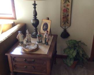 Stone inlay end table $75.00 (have 2), pair of antique brass lamps, figurines Bell pull is sold