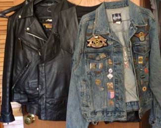 Harley Davidson jackets, Hudson leather vests (2), set of chaps