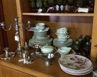 Sterling candlebra $125., sterling salt & pepper set $55.00, silver plate items, several sizes of Westmoreland Ashburton olive goblets, 4 tea goblets, 7 large goblets, 8 small wine goblets & 7 sherbets.