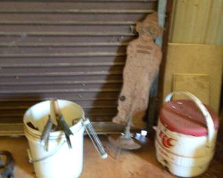 Vintage cast iron clown sprinkler $150., RC coolers, paint bucket lot