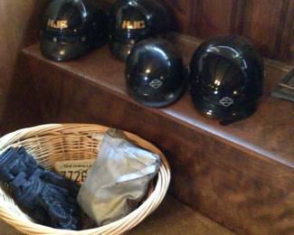 Harley helmets (2) $60. each, HJC helmets (2) $45. each, misc