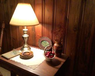 lamp decor, oak carved side table $150