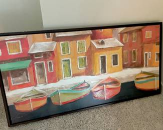 Acrylic Painting of Colorful Rowboats by Fabrice de Villeneuve