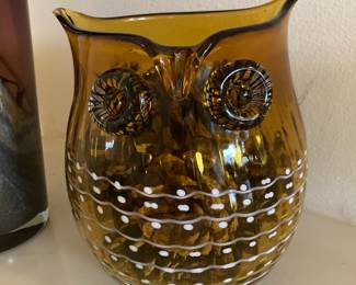 Enameled Amber Glass Owl Vase