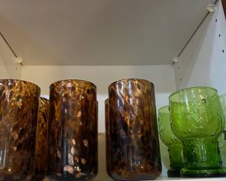 Set of 6 Tortoise Shell Pattern Brown/Gold Glasses, Set of 4 Pier 1 Imports Green Footed Water Goblets