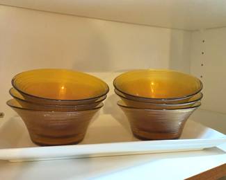 Set of 6 Amber Glass Ribbed Salad Bowls