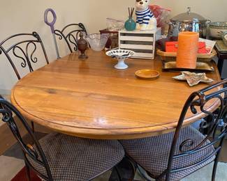 Oval Oak Dining Table, Set of 4 Black Metal Frame Dining Chairs with Gray Cushion