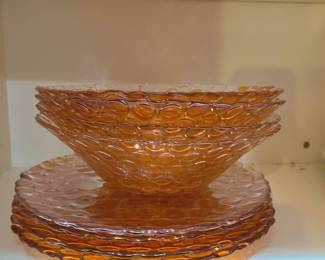 Orange Bubble Depression Glass - Set of 3 Bowls, 3 Salad Plates
