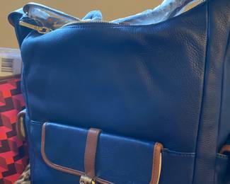 Isaac Mizrahi Blue Leather with Brown Trim Shoulder Bag/Purse