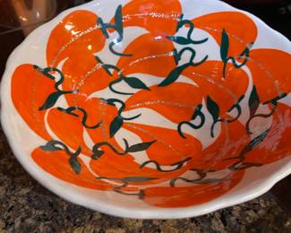 White/Orange Pottery Bowl with Orange Pepper Pattern