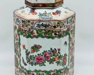 Exquisite Vintage Large Hexagonal Porcelain Chinoiserie Decorated In Macau
