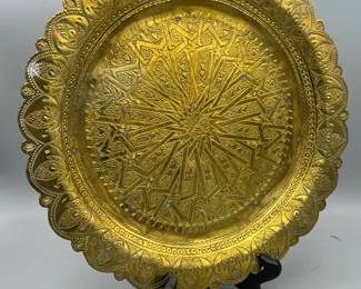 Handcrafted Brass Decorative Tray With Traditional Middle Eastern Etchings
