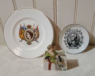 Historical Figure Collectible Plates & Figurine
Elizabeth II coronation June 2 1953 plate. Old English Staffordshire Ware plate of Washington for Mount Vernon Shops. Fancy lace gloved lady pen holder (glued back together). 
