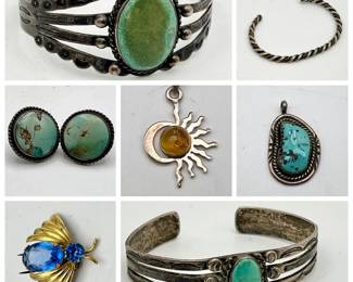 Southwestern Style Sterling Silver Jewelry w/ Vintage 1930's Fred Harvey Navajo Green Tooled Cuff Bracelet