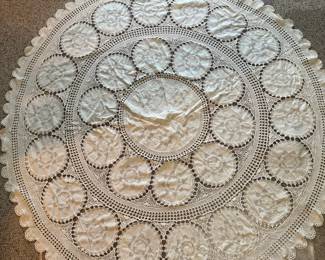 Vintage Embroidered & Crocheted 66" Circular Tablecloth
