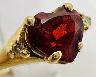 14K Gold Ring With Deep Red Heart & Diamond Accents
