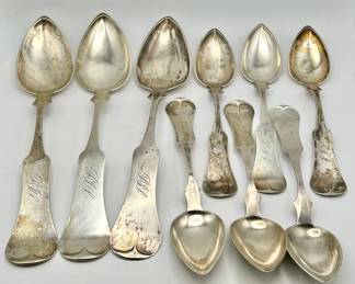 (9) Antique Coin Silver Spoons 1843-1893 Duhme & Huntington Bros
