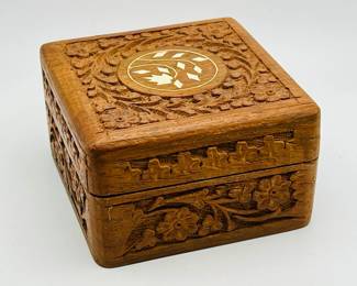 Hand Carved Wooden Inlaid Trinket Box
