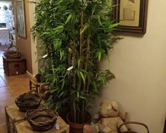 Vintage stools, child's chair, teddy bear made from old quilt and vintage baskets