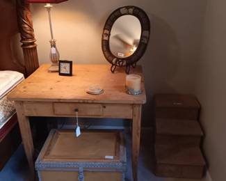 Primitive table, trunk and dog steps. 