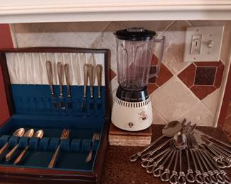 Silver plate flatware Roger's Brothers,  Stainless steel flatware and vintage blender(works)