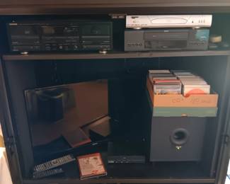 Kenwood cassette deck, KLH subwoofer, Onkyo receiver and Sony 5 disc player 