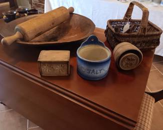 butter molds, salt box and antique hand painted basket