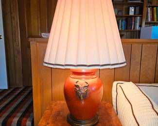 Vtg. Porcelain Lamp Burnt Orange w/ Ram Heads Decor!
