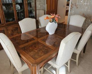 Burl Wood Dining Set w/8 Custom Upholstered Chairs & Leaf!
