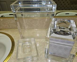 Vtg. MCM Lucite/Acrylic Clear Trash Waste Basket, Tissue Holder, & Soap/Sponge Dish - Set of 3