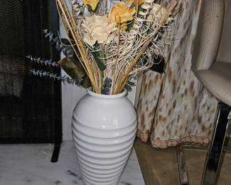 White Ribbed Vase w/Silk Flowers!