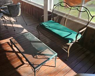 Salterini Style Wrought Iron Green Love Seat, Pad & Coffee Table!