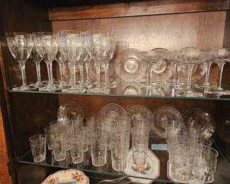 Beautiful Vintage Floral Etching Small Plates & Wine, Aperitif, Juice, Dessert, & Water Glasses - 59 pieces!