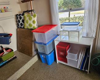 Small White Bookshelf, Card Tables, Decorative Pillows, Storage Containers and Extra Lids!